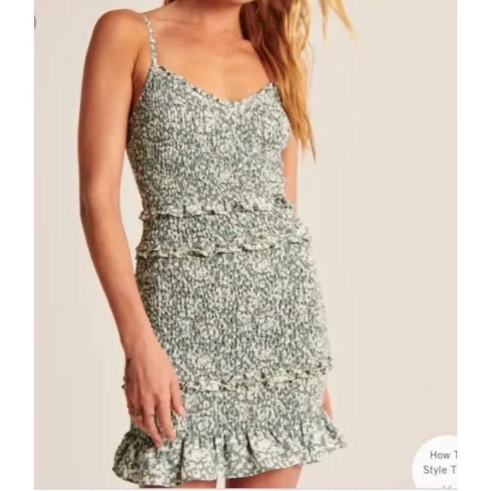 Abercrombie & Fitch Smocked Mini Dress Ruffle Green White Size XLT XL Tall - Picture 15 of 16